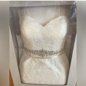 David's Bridal White Lace Wedding Dress with Silver Embellishment